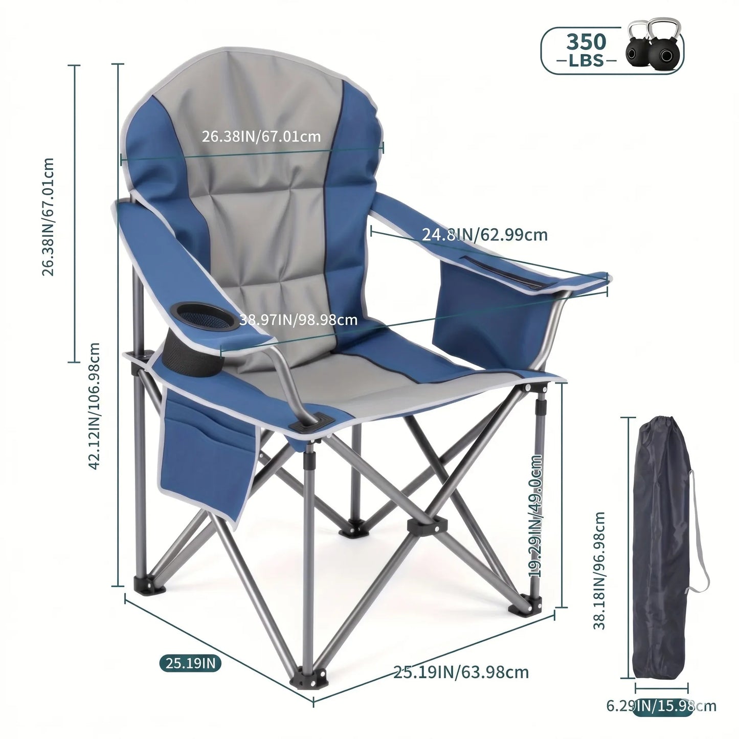Heavy Duty Camping Folding Chair - 350 lbs Capacity Extra Large Outdoor Chair with Cooler Bag, Cup Holder & Storage Pockets