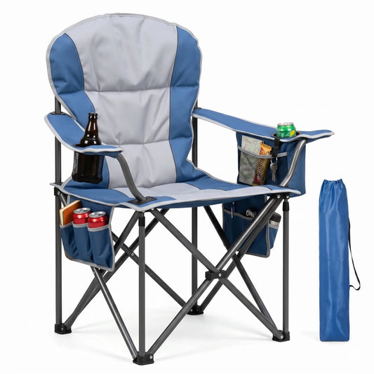 Heavy Duty Camping Folding Chair - 350 lbs Capacity Extra Large Outdoor Chair with Cooler Bag, Cup Holder & Storage Pockets