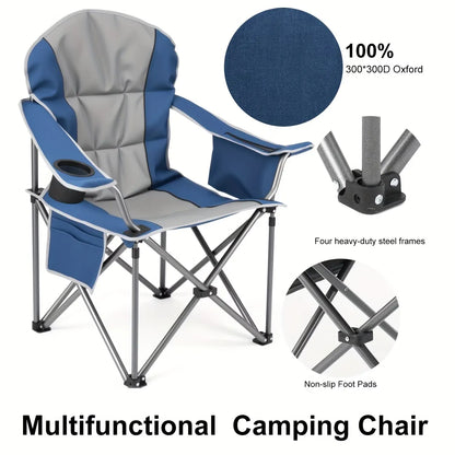 Heavy Duty Camping Folding Chair - 350 lbs Capacity Extra Large Outdoor Chair with Cooler Bag, Cup Holder & Storage Pockets