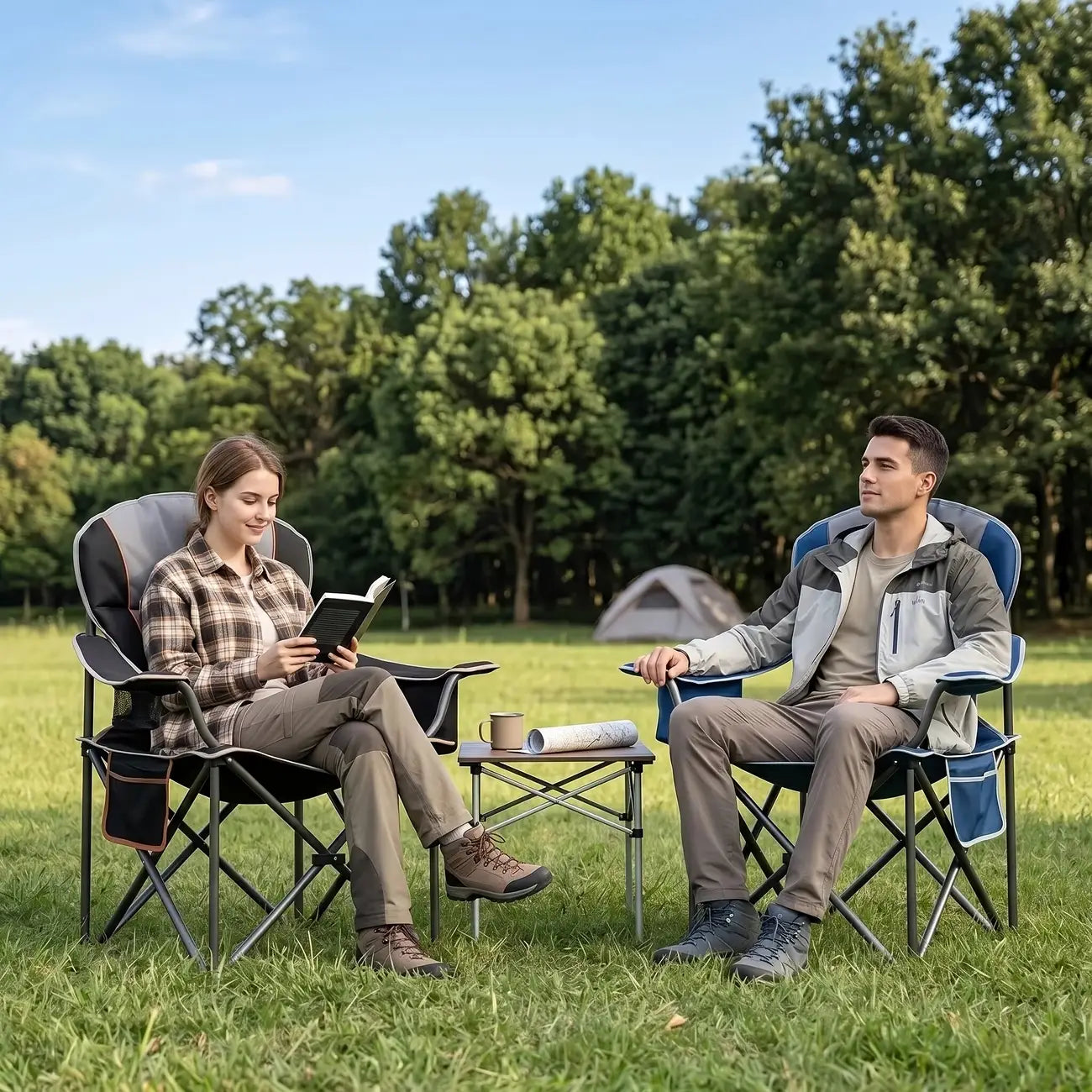 Heavy Duty Camping Folding Chair - 350 lbs Capacity Extra Large Outdoor Chair with Cooler Bag, Cup Holder & Storage Pockets