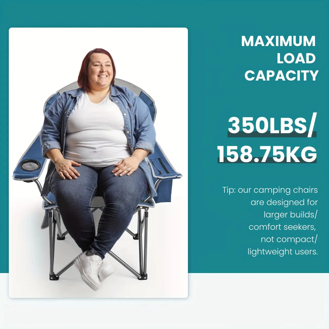 Heavy Duty Camping Folding Chair - 350 lbs Capacity Extra Large Outdoor Chair with Cooler Bag, Cup Holder & Storage Pockets