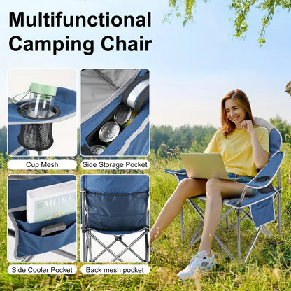 Heavy Duty Camping Folding Chair - 350 lbs Capacity Extra Large Outdoor Chair with Cooler Bag, Cup Holder & Storage Pockets