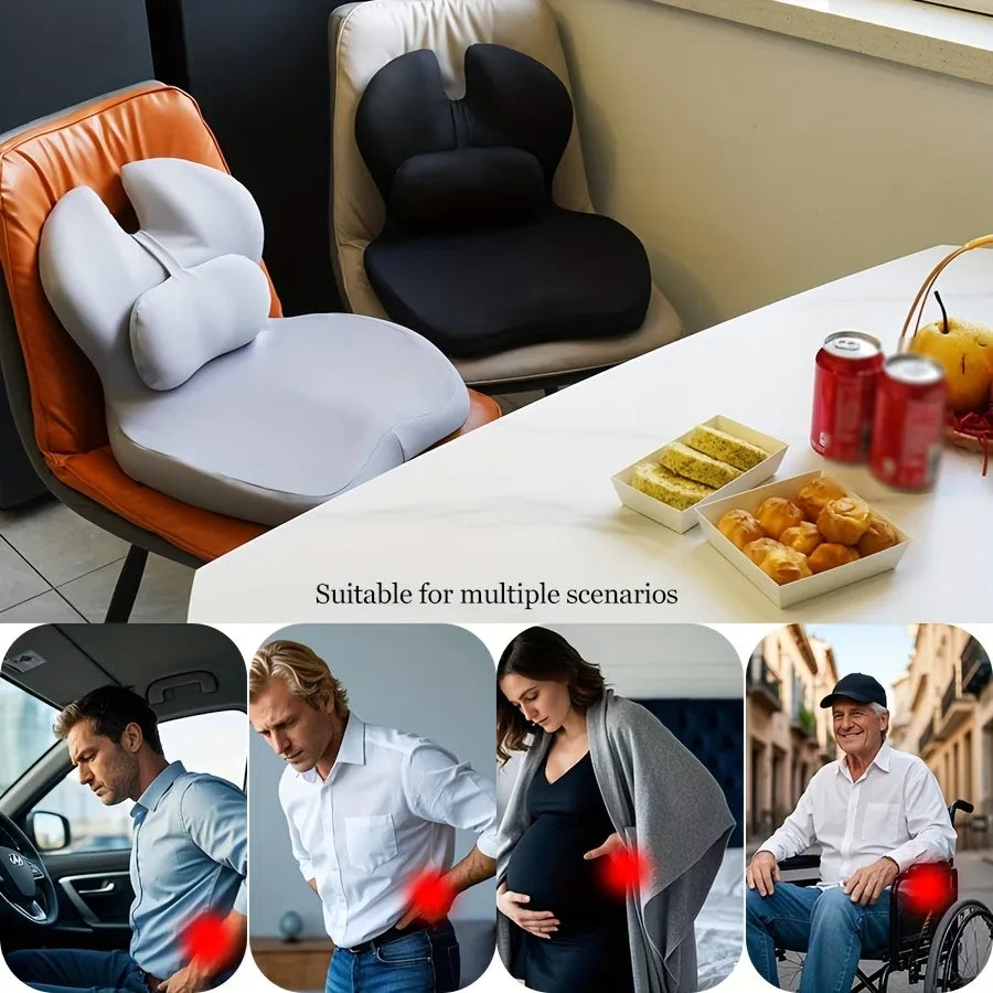 Integrated Memory Foam Seat Cushion – Adjustable Ergonomic Lumbar Support Pillow for Office Chair, Home, and Car