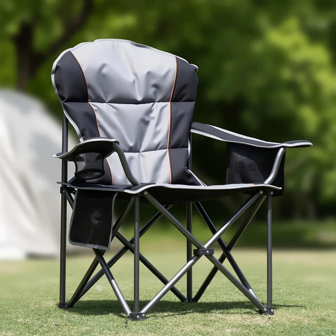 Heavy Duty Camping Folding Chair - 350 lbs Capacity Extra Large Outdoor Chair with Cooler Bag, Cup Holder & Storage Pockets