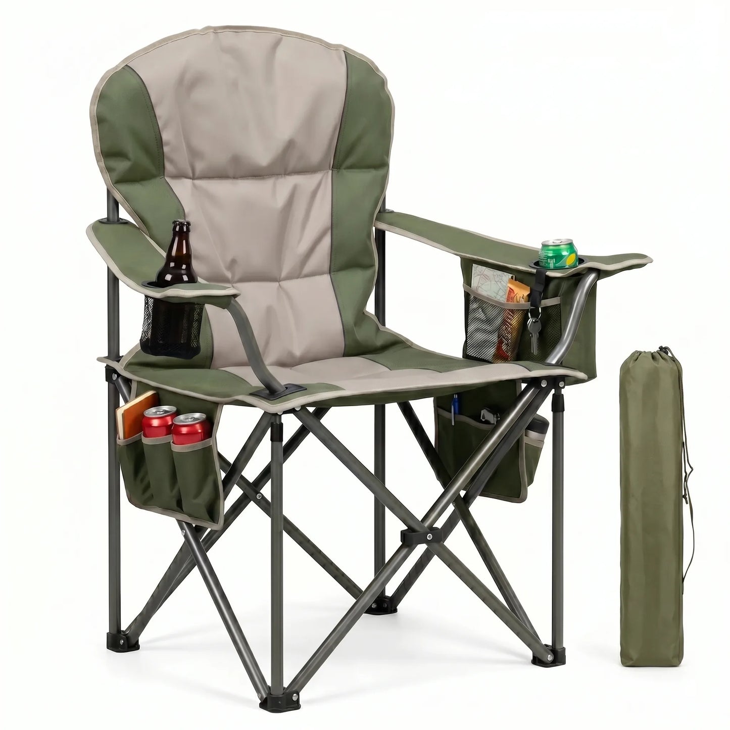 Heavy Duty Camping Folding Chair - 350 lbs Capacity Extra Large Outdoor Chair with Cooler Bag, Cup Holder & Storage Pockets